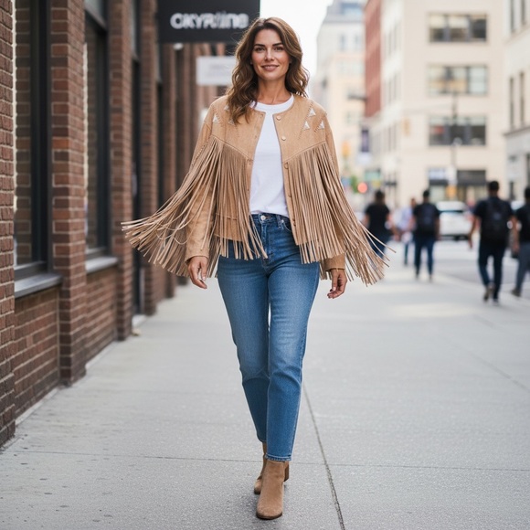 blue b Jackets & Blazers - NEW blue b Light Brown Faux Suede Allover Fringe Embroidered Western Jacket S